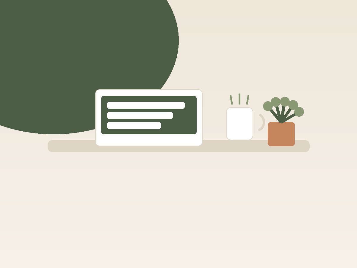 Illustration of a desk with a notebook, coffee cup, and plant representing thoughtful planning